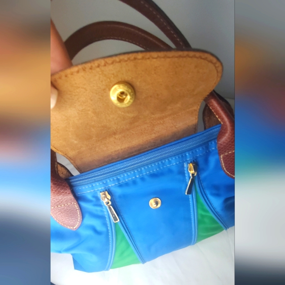 LONGCHAMP Stylish "Le Pliage"Small Expandable Top Handle Blue and Green Tote Bag - Picture 13 of 16